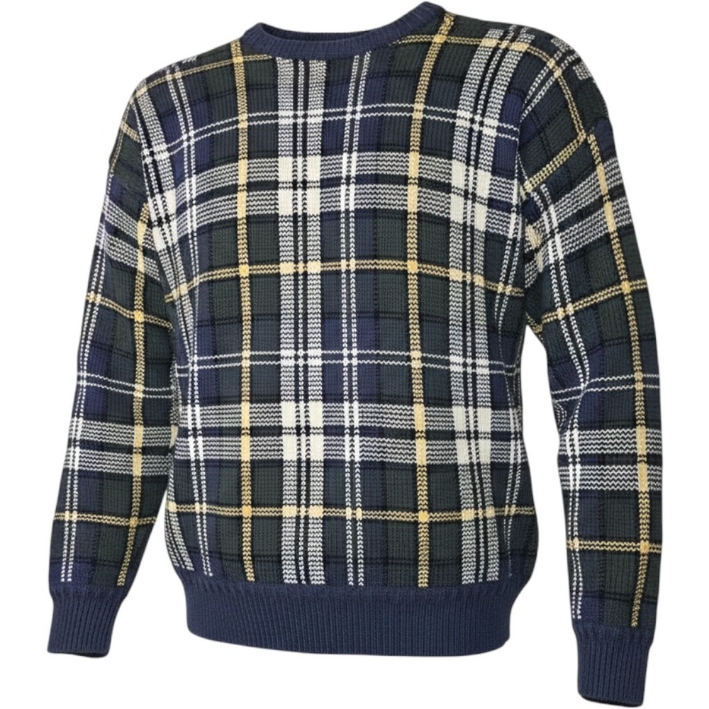 John Ashford Mens Large Blue Green Plaid 100% Cotton Crew Neck Knit Sweater